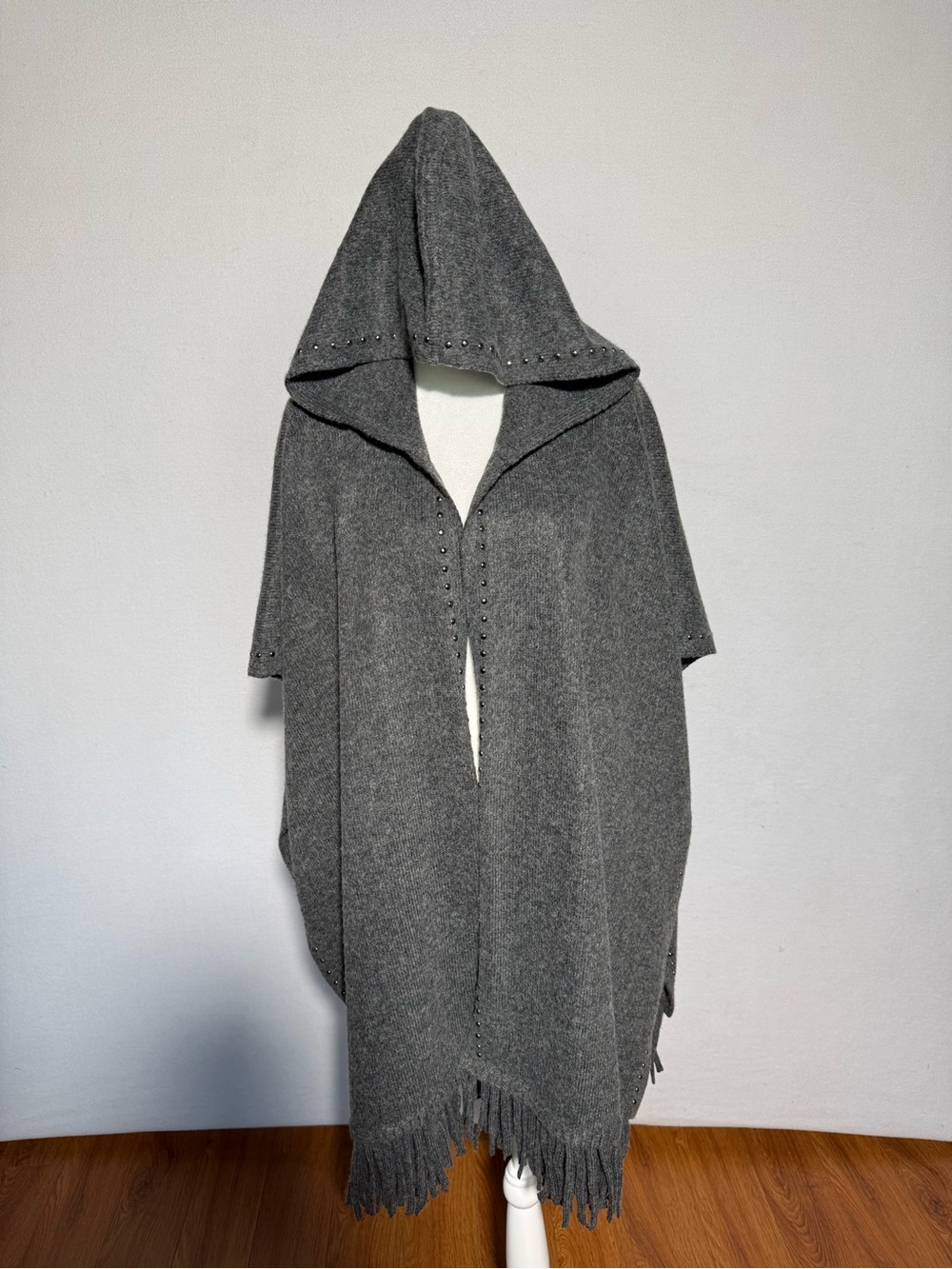 White House Black Market Hooded Fringe Poncho in Charcoal